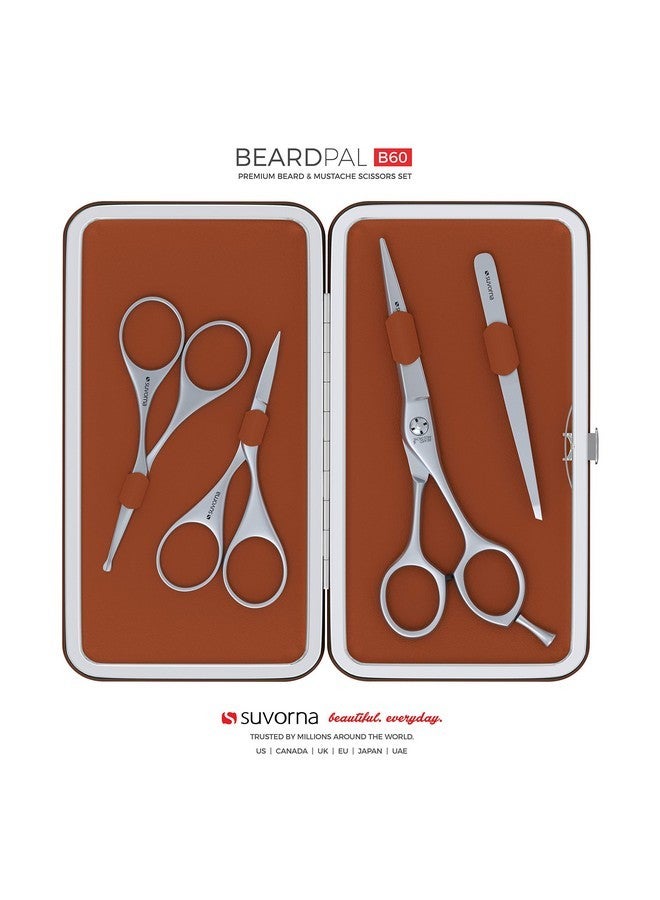 Suvorna Premium Beard & Mustache Scissors Set/Kit With Beard Scissors For Men - Grooming Scissors Men/Facial Hair Scissors/Nose Scissors - Eyebrow Scissors - Slant Tweezers (4 Pcs Brown) - Image 2