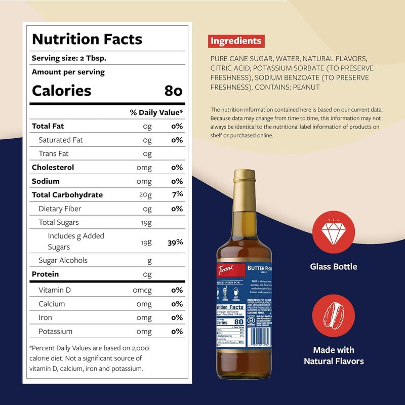 Torani Butter Pecan Coffee Syrup with Pump - 25.4 Fl Oz Glass Bottle - Image 2