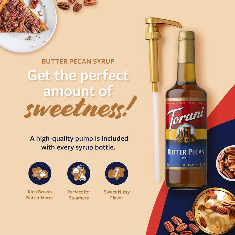 Torani Butter Pecan Coffee Syrup with Pump - 25.4 Fl Oz Glass Bottle - Image 3