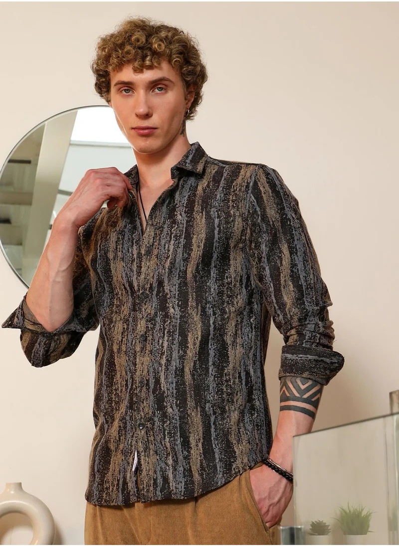 كامبوس سوترا Men's Artistic Striped Cotton-Polyester Blend Shirt