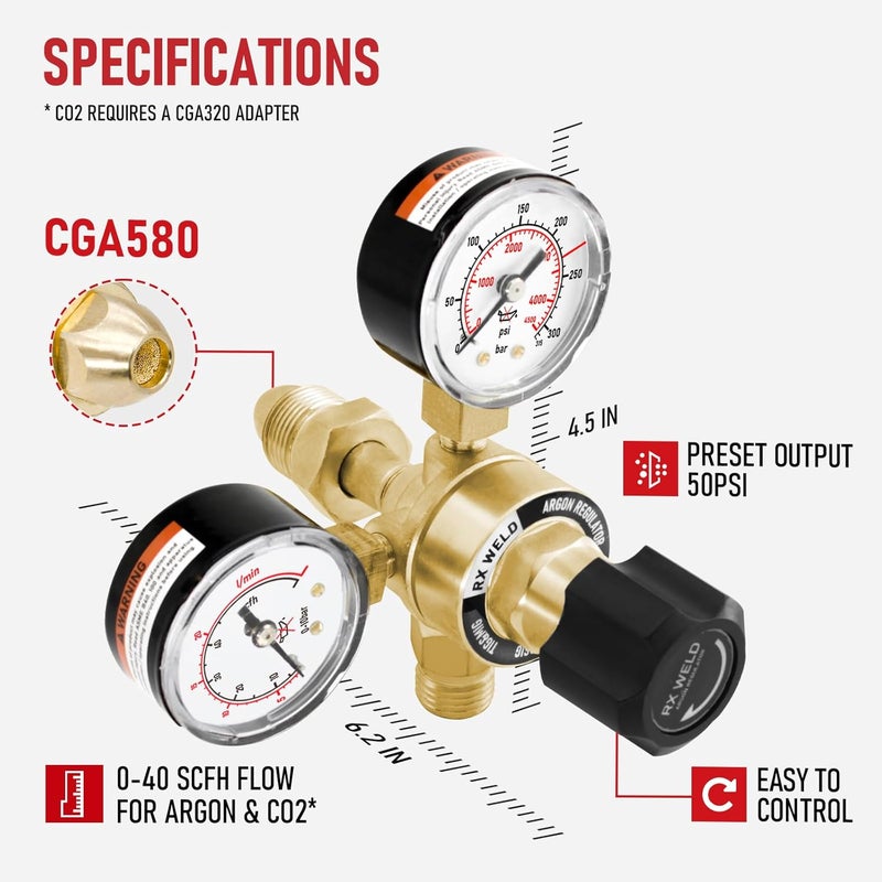 RX WELD Argon Regulators Gauges Gas Welding, Regulator for MIG and TIG, CGA580 Inlet Connection - Image 2