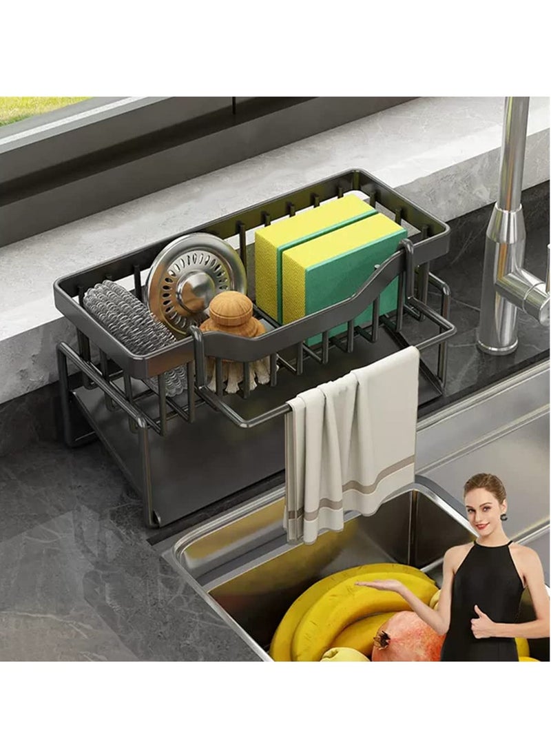 SYOSI Stainless Steel Sink Caddy Organizer with Drain Tray, Ideal for Sponge, Dish Soap Dispenser, Cleaning Towel, Scrubber, and Utensils in Kitchen Sink - Image 1