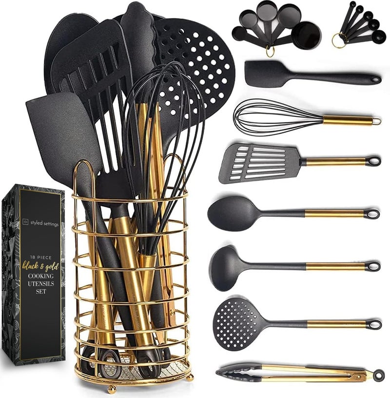 Black and Gold Kitchen Utensils Set with Stainless Steel Holder  18Piece Nylon Cooking Utensils with Measuring Cups and Spoons  Stylish Gold Kitchen Accessories for Baking and Cooking