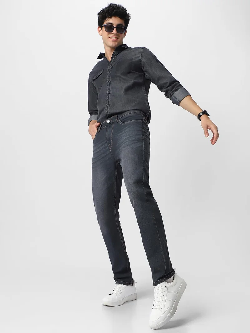 Urbano Fashion  Urbano Fashion Men's Dark Grey Regular Fit Washed Jeans Stretchable  | Best Price UAE