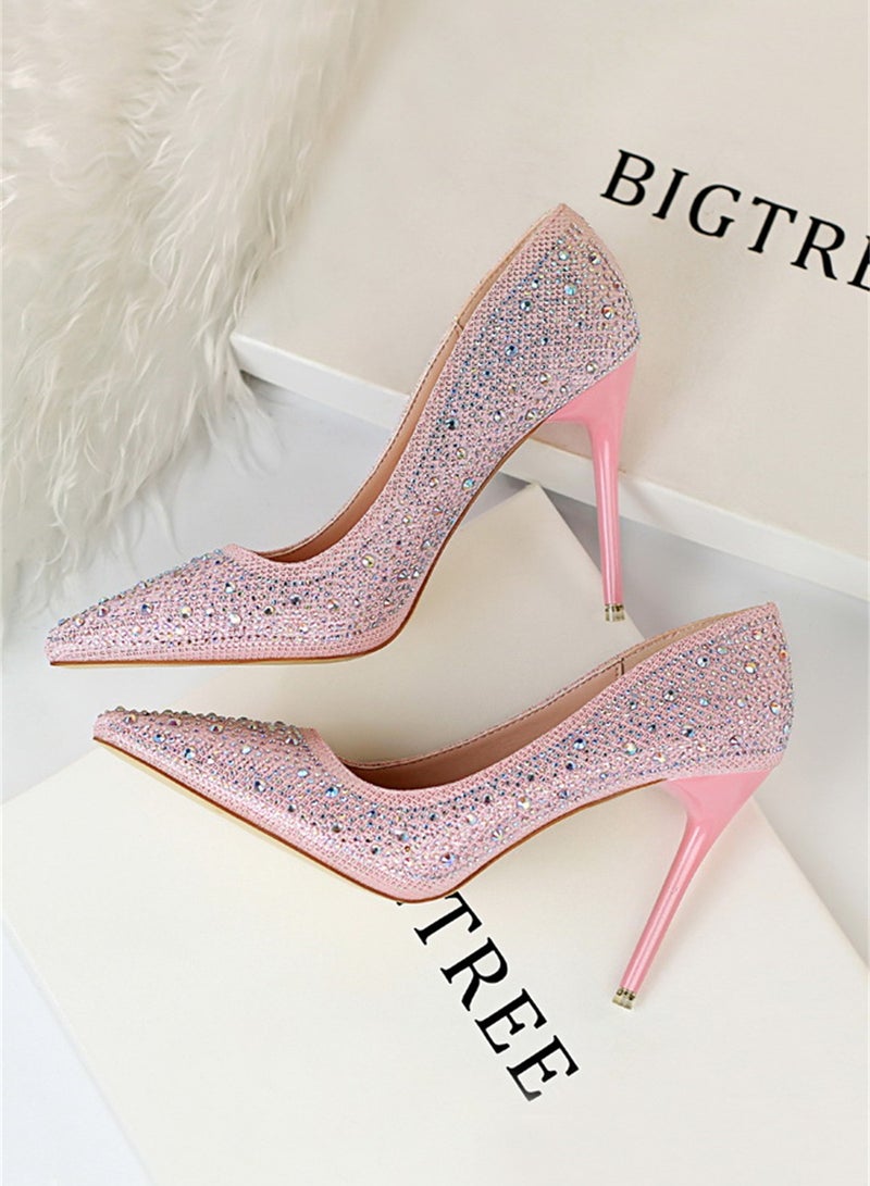 بيج تري أزياء السيدات أحذية عالية الكعب مع غرامة الماس 10cm وردي - Image 2