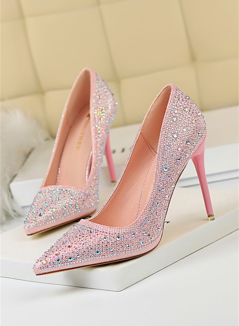 بيج تري أزياء السيدات أحذية عالية الكعب مع غرامة الماس 10cm وردي - Image 1