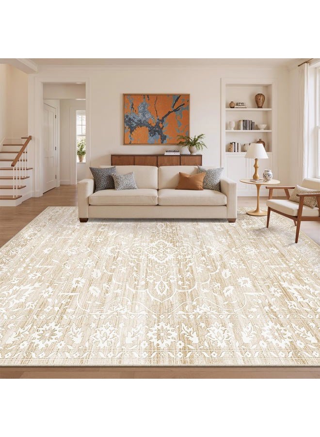 Soalmost 9x12 Area Rug for Living Room, Stain Resistant Neutral Washable Area Rugs for Dining Room, Bedroom, Floral Vintage Non-Slip Extra Large Beige Carpet - Image 1