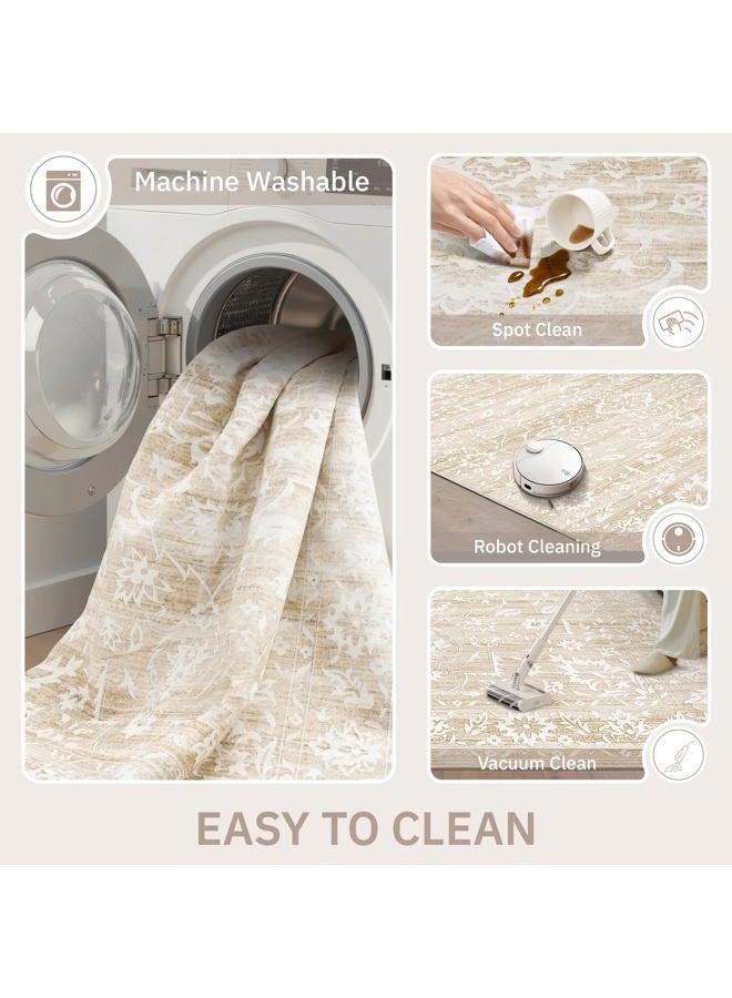 Soalmost 9x12 Area Rug for Living Room, Stain Resistant Neutral Washable Area Rugs for Dining Room, Bedroom, Floral Vintage Non-Slip Extra Large Beige Carpet - Image 5