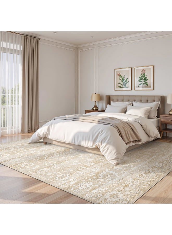 Soalmost 9x12 Area Rug for Living Room, Stain Resistant Neutral Washable Area Rugs for Dining Room, Bedroom, Floral Vintage Non-Slip Extra Large Beige Carpet - Image 3