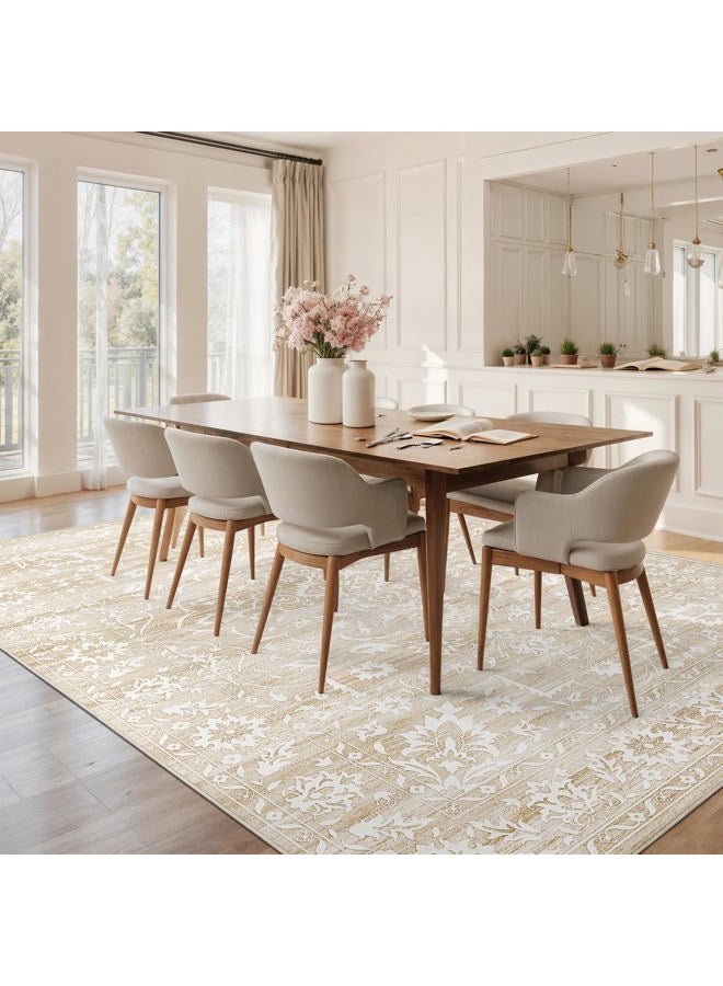 Soalmost 9x12 Area Rug for Living Room, Stain Resistant Neutral Washable Area Rugs for Dining Room, Bedroom, Floral Vintage Non-Slip Extra Large Beige Carpet - Image 2
