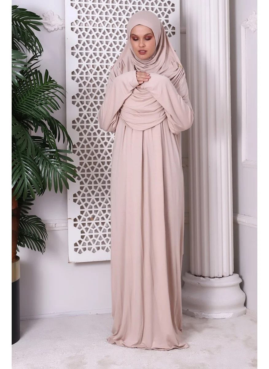 İhvan Online One Piece Practical Prayer Dress with Headscarf and Robe 8015 Beige