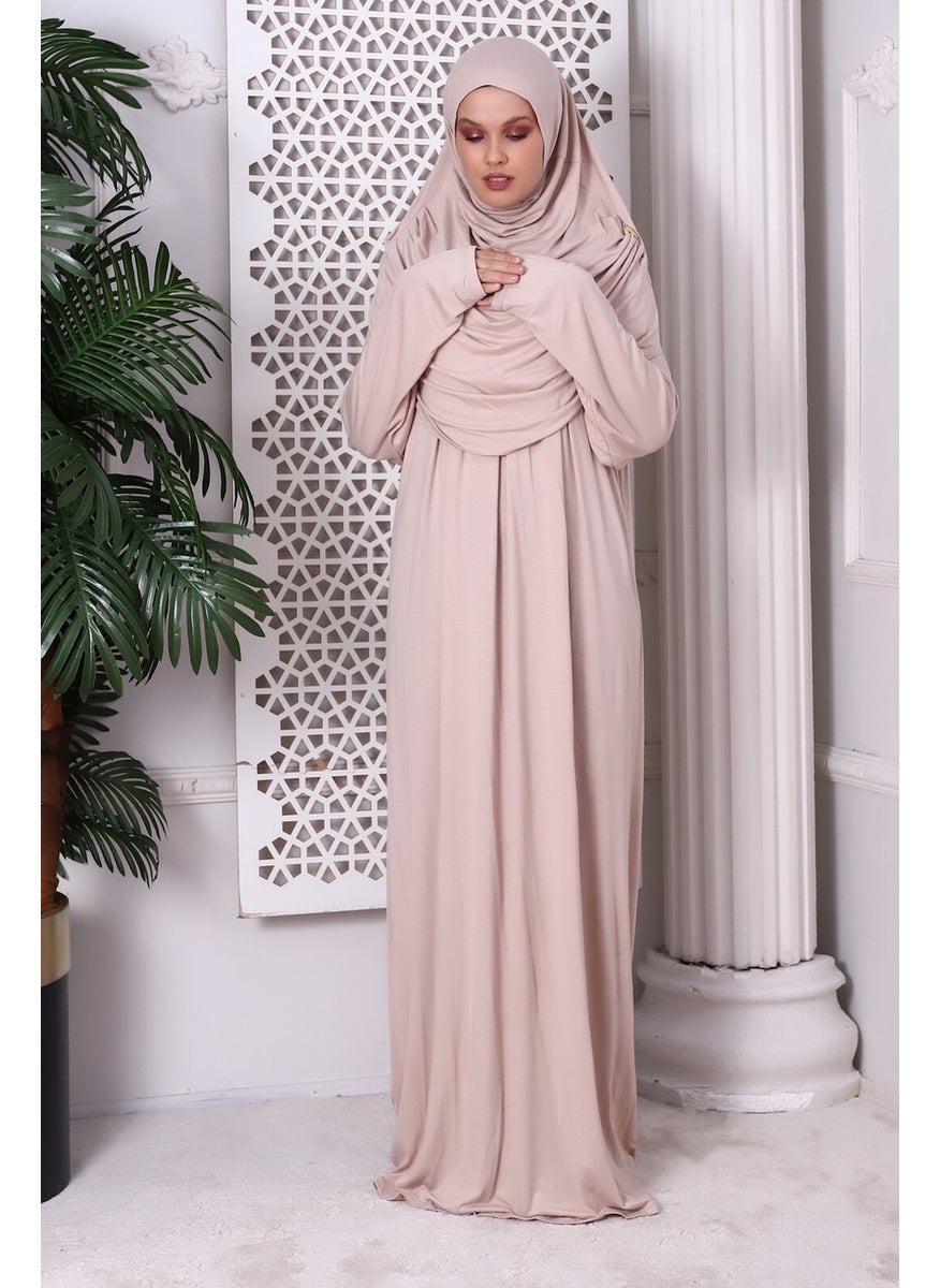 İhvan Online One Piece Practical Prayer Dress with Headscarf and Robe 8015 Beige  - Image 1