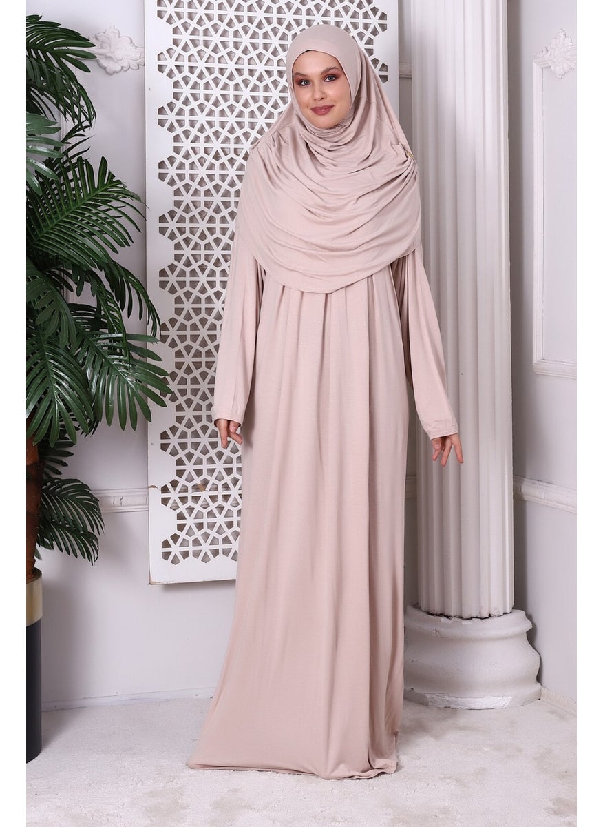 İhvan Online One Piece Practical Prayer Dress with Headscarf and Robe 8015 Beige  - Image 3