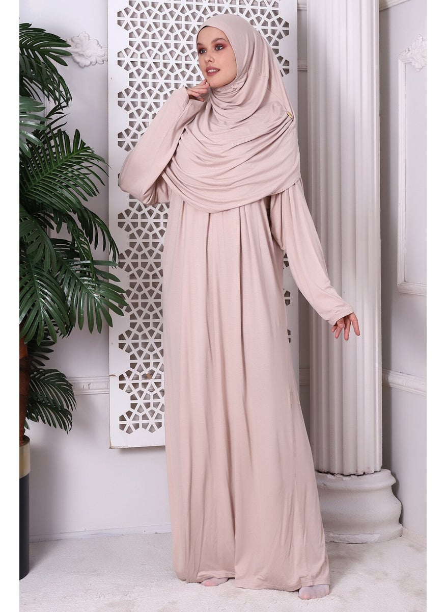 İhvan Online One Piece Practical Prayer Dress with Headscarf and Robe 8015 Beige  - Image 4