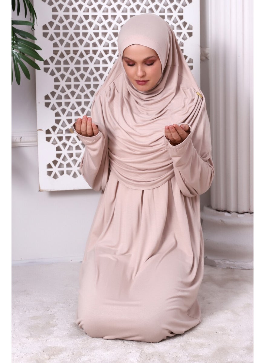 İhvan Online One Piece Practical Prayer Dress with Headscarf and Robe 8015 Beige  - Image 5