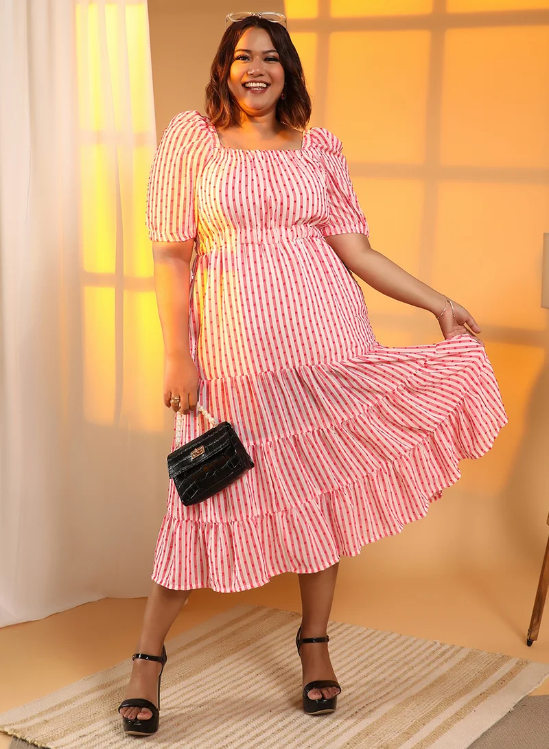 Instafab Plus Striped Ruffle Midi Dress