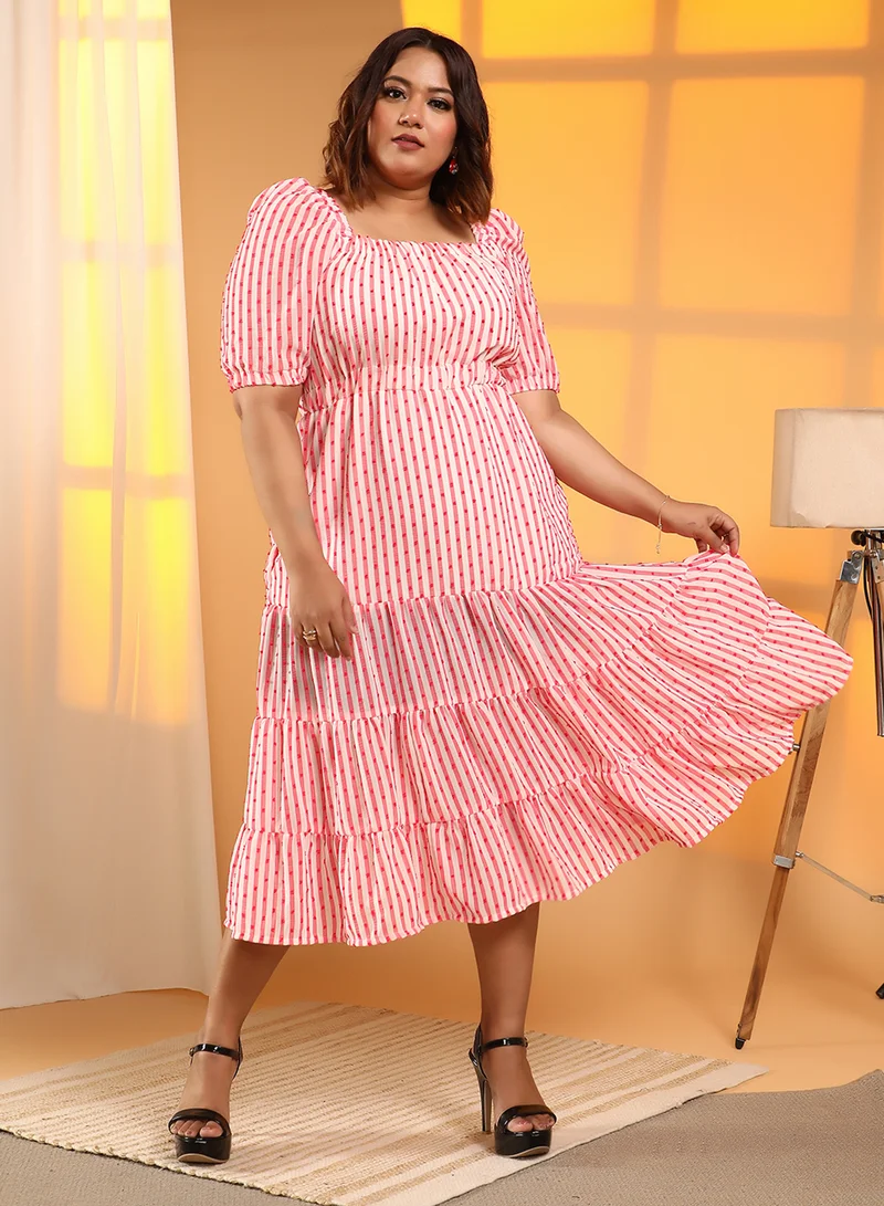 Instafab Plus Striped Ruffle Midi Dress