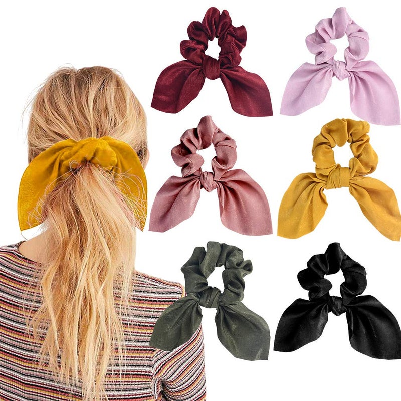 Aileam 6PCS Hair Scrunchies Satin SilkRabbit Bunny Ear Bow Bowknot Scrunchie Bobbles Elastic Hair Ties Bands Ponytail Holder for Women Accessories 01 Classic color - Image 1