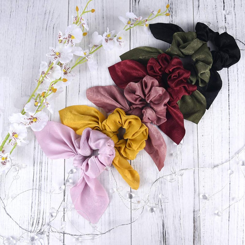 Aileam 6PCS Hair Scrunchies Satin SilkRabbit Bunny Ear Bow Bowknot Scrunchie Bobbles Elastic Hair Ties Bands Ponytail Holder for Women Accessories 01 Classic color - Image 2
