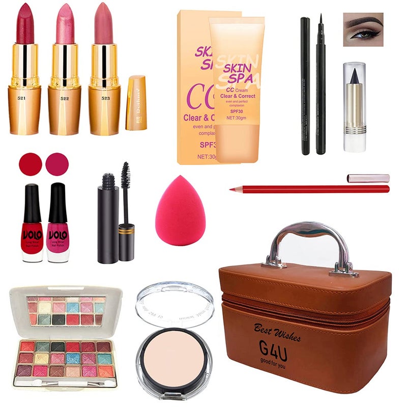 G4U All in One Makeup Kit Gift Set,Eyeshadow,Eyeliner Pen,Foundation,3 Lipsticks,Kajal,Lip Liner,Puff,Mascara,2nail Polish,Compact,Perfect for Party Wedding makeup With Makeup Box(Set Of 14Pcs) ST 15 - Image 1