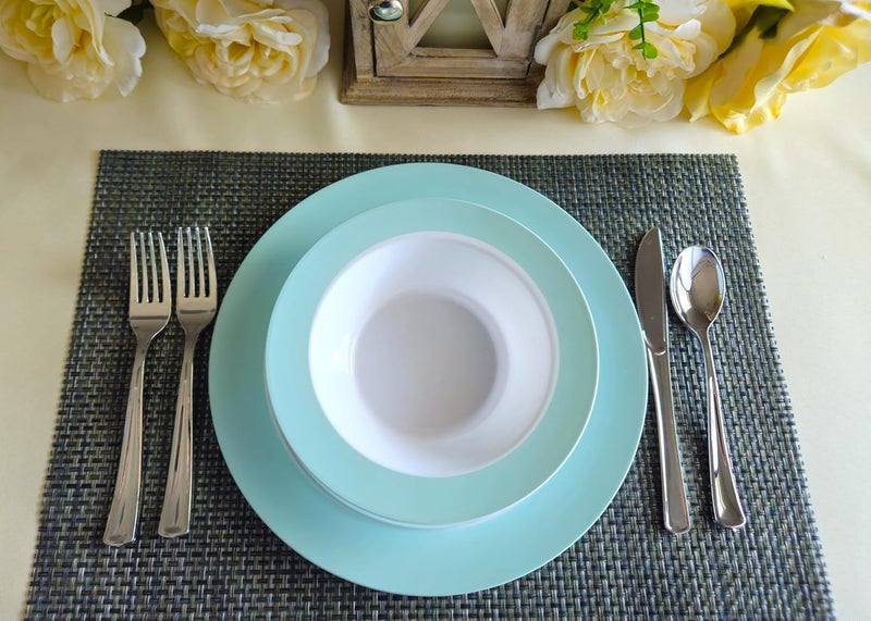 OCCASIONS FINEST PLASTIC TABLEWARE " OCCASIONS " 240 Plates Pack,(120 Guests) Heavyweight Wedding Party Disposable Plastic Plates -120x10.25'' Dinner+120 x 7.5'' Salad/Dessert (Rio Collection White & Turquoise blue) - Image 3