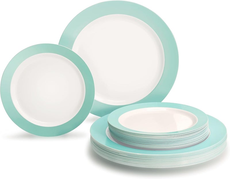 OCCASIONS FINEST PLASTIC TABLEWARE " OCCASIONS " 240 Plates Pack,(120 Guests) Heavyweight Wedding Party Disposable Plastic Plates -120x10.25'' Dinner+120 x 7.5'' Salad/Dessert (Rio Collection White & Turquoise blue) - Image 1
