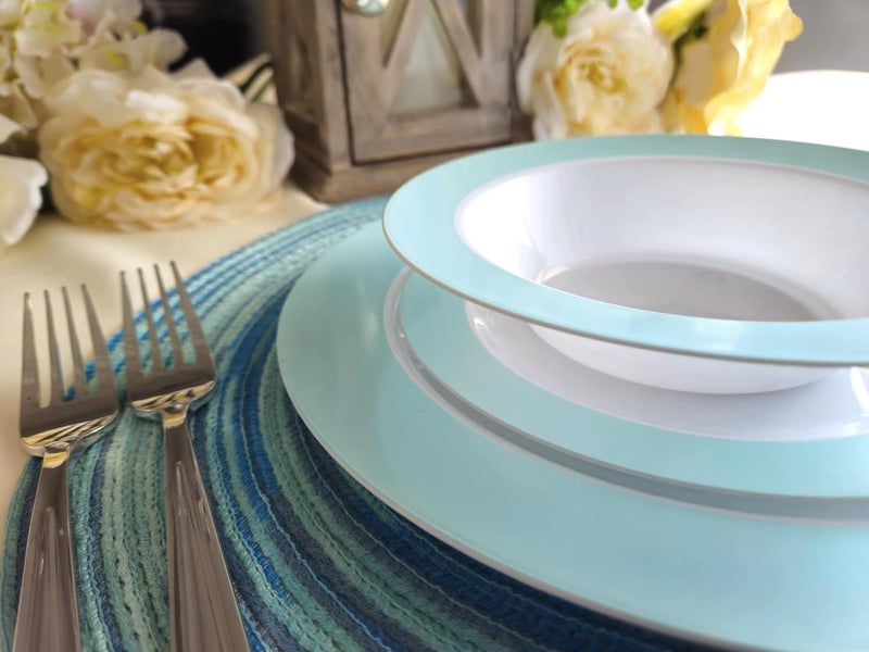 OCCASIONS FINEST PLASTIC TABLEWARE " OCCASIONS " 240 Plates Pack,(120 Guests) Heavyweight Wedding Party Disposable Plastic Plates -120x10.25'' Dinner+120 x 7.5'' Salad/Dessert (Rio Collection White & Turquoise blue) - Image 4