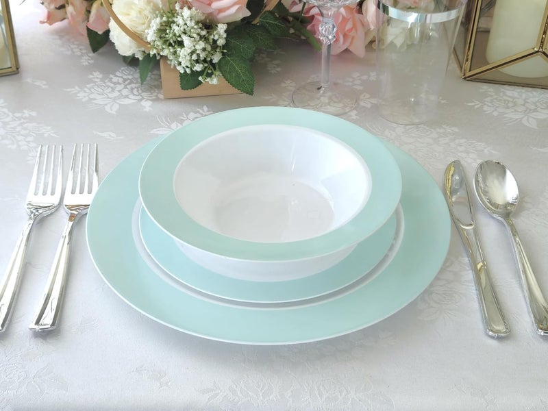 OCCASIONS FINEST PLASTIC TABLEWARE " OCCASIONS " 240 Plates Pack,(120 Guests) Heavyweight Wedding Party Disposable Plastic Plates -120x10.25'' Dinner+120 x 7.5'' Salad/Dessert (Rio Collection White & Turquoise blue) - Image 5