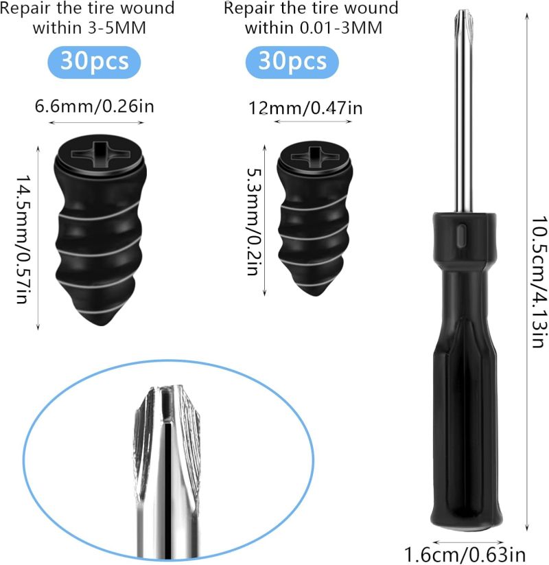 Tire Plug Repair Kit 60 Rubber Iron Screws 2 Sizes - Fast No-Dismantle Tire Repair Tools with Screwdriver for Cars Motorcycles Bikes Trucks - Image 2