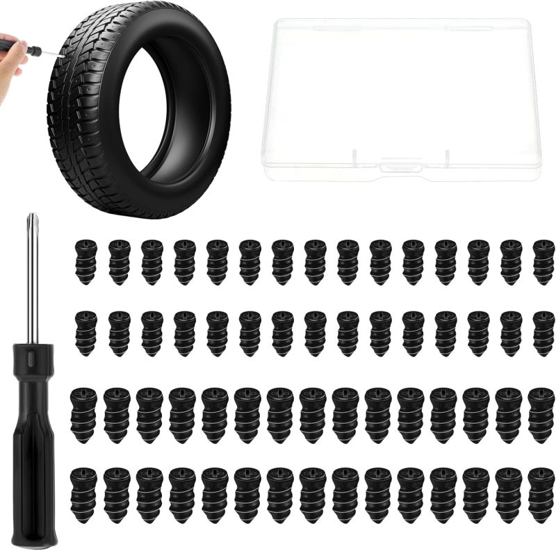 Tire Plug Repair Kit 60 Rubber Iron Screws 2 Sizes - Fast No-Dismantle Tire Repair Tools with Screwdriver for Cars Motorcycles Bikes Trucks - Image 1