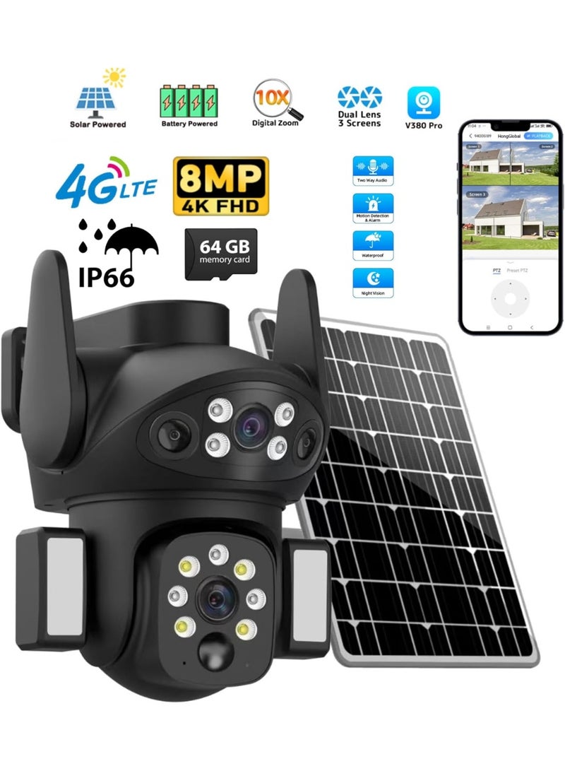 JAJEEK 8MP 4K Dual Lens Outdoor Security Camera – 360° Wireless PTZ IP Camera with 4G SIM Connectivity, Solar Powered, Night Vision, Human Detection, Two-Way Audio, V380 Pro App Control, 64GB SD Card – Home, Garden & Office Security - Image 1