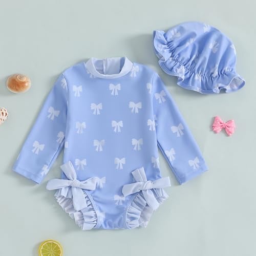Socutebabe Baby Girl Swimsuit Baby Girls Long Sleeve One Piece Swimsuit Romper with Hat Bathing Suit Toddler Bathing Suit (a-Blue, 6-12 Months) - Image 3