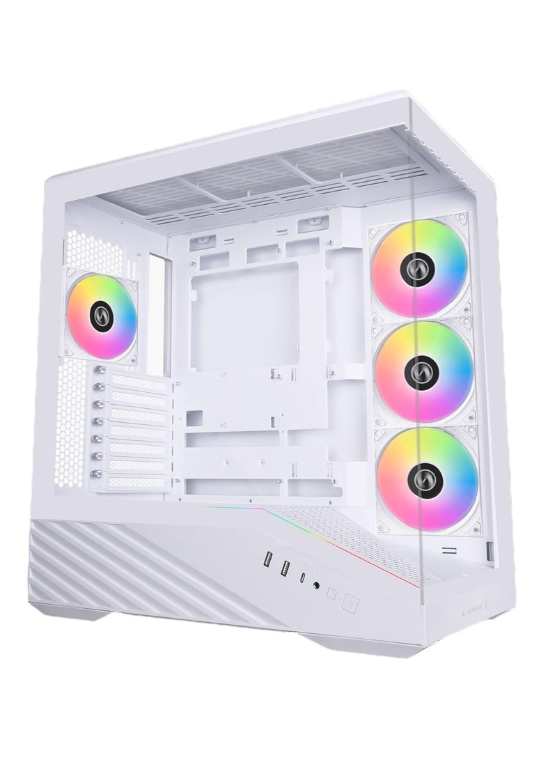 ليان لي صندوق كمبيوتر في 100 ايه تي اكس ميد تاور 4 × 120 ملم ARGB PWM مثبت مسبقا، شريط LED RGB ومنصة عرض مع زجاج مقسى، يدعم وحدة معالجة الرسومات الجرافيكية 420 ملم، رادياتور 360 ملم، تدفق هواء محسن - Image 1