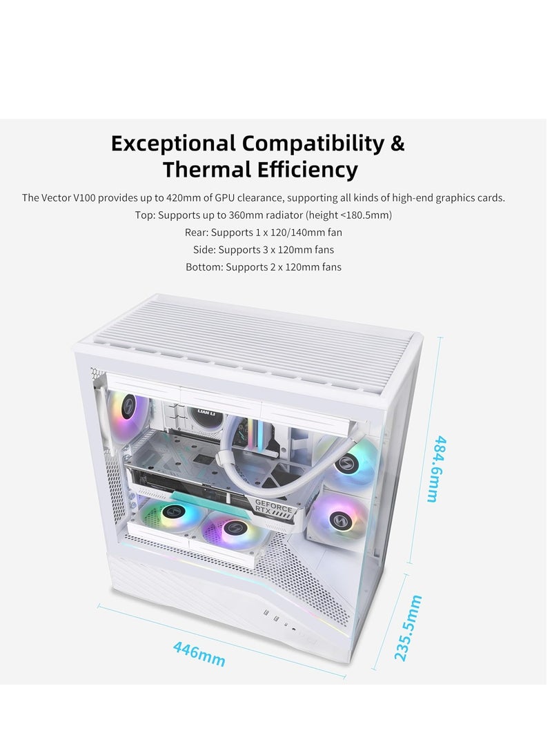ليان لي صندوق كمبيوتر في 100 ايه تي اكس ميد تاور 4 × 120 ملم ARGB PWM مثبت مسبقا، شريط LED RGB ومنصة عرض مع زجاج مقسى، يدعم وحدة معالجة الرسومات الجرافيكية 420 ملم، رادياتور 360 ملم، تدفق هواء محسن - Image 3