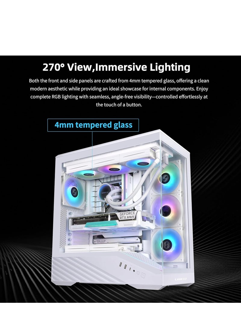 ليان لي صندوق كمبيوتر في 100 ايه تي اكس ميد تاور 4 × 120 ملم ARGB PWM مثبت مسبقا، شريط LED RGB ومنصة عرض مع زجاج مقسى، يدعم وحدة معالجة الرسومات الجرافيكية 420 ملم، رادياتور 360 ملم، تدفق هواء محسن - Image 4