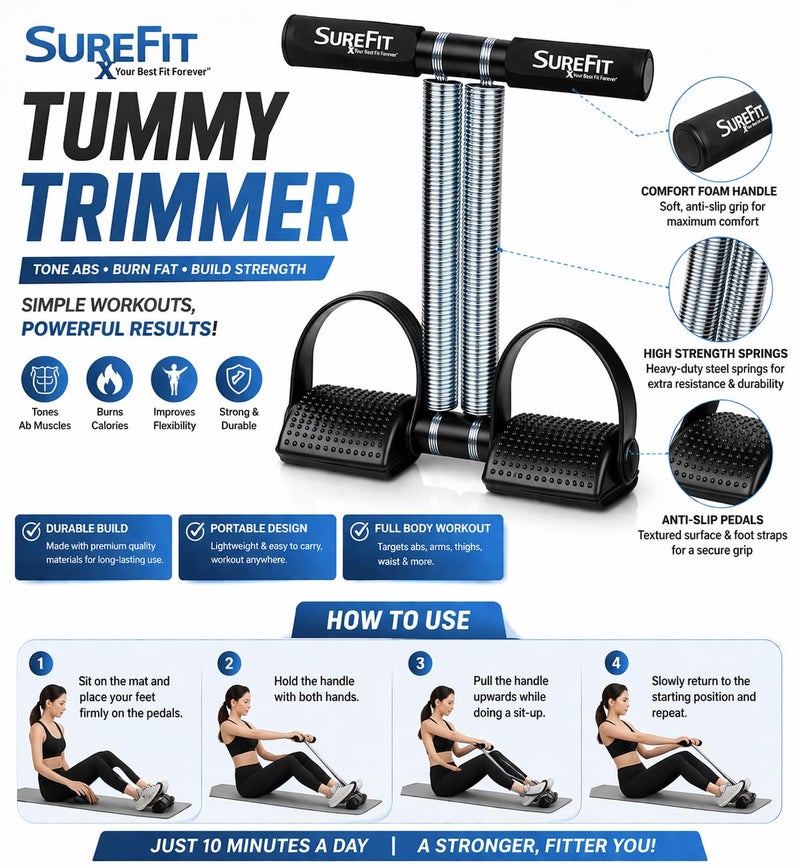 SUREFIT Double Spring Tummy Trimmer with Resistance Tube - Heavy Duty Full Body Workout Abdominal Exerciser-Standard Size (Black) - Image 4
