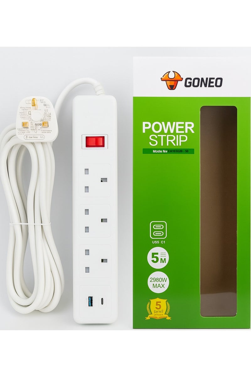 جونيو توصيلة كهرباء GONEO EA1030 مع 3 منافذ و2 USB، قدرة 2990 واط، كابل 5 متر، حماية ضد زيادة الحمل، معتمد SASO وشهادة المطابقة الخليجية - Image 1