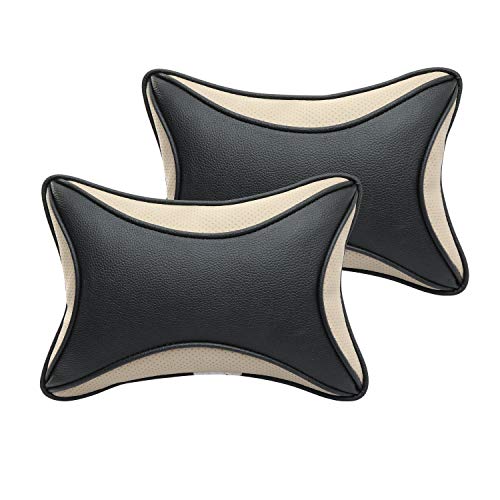 Auto Hub Car Neck Rest and Headrest Pillows Cushion Set, PU Leather (Black/Beige) - Pack of 2 - Image 1