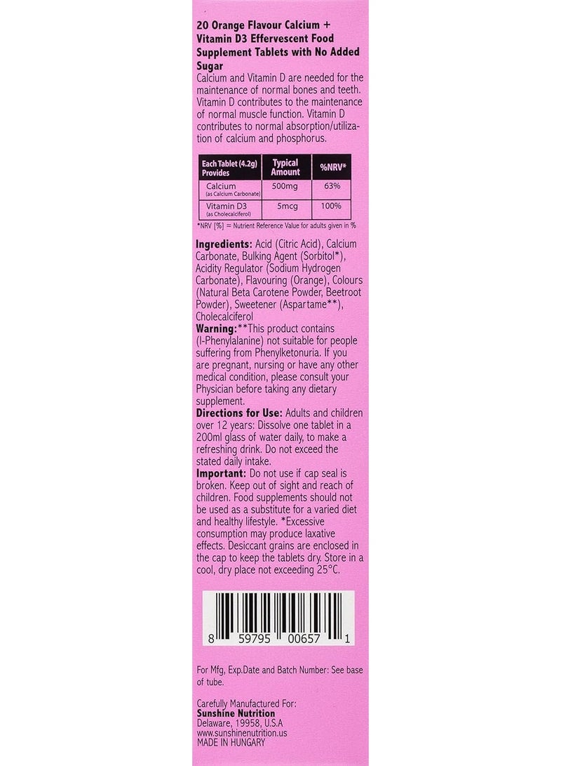 SUNSHINE NUTRITION Calcium + Vitamin D3 Effervescent 20 Tablets To Promote Bone Health Orange Flavor  - Image 3