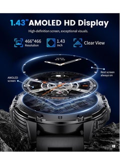 LAESO Military Smart Watches for Men(Answer/Make Calls) with LED Flashlight,530mAh Large Battery,1.43'' AMOLED Heart Rate/Sleep Monitor 5ATM Waterproof Smartwatch for Android iOS,100+Sport Modes,3 Straps  - Image 3