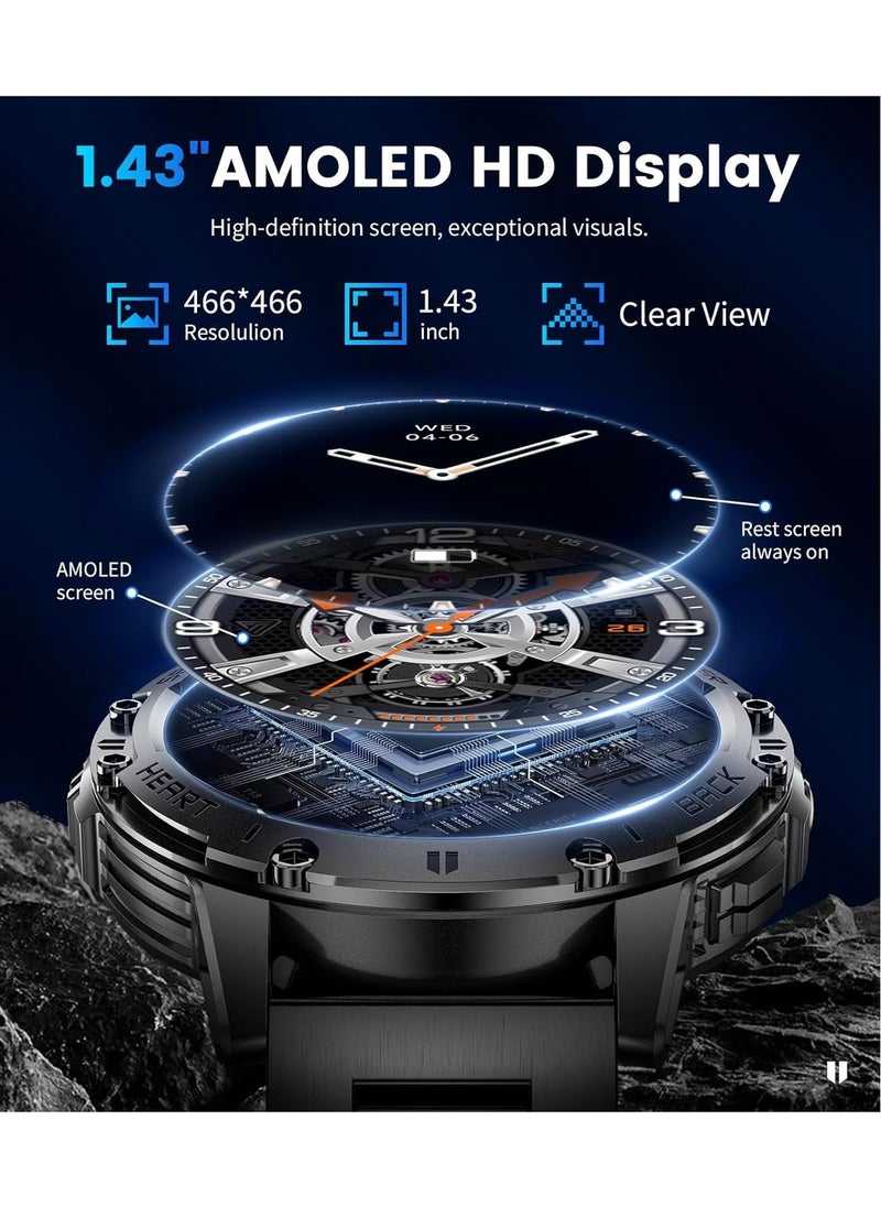 LAESO - Military Smart Watches for Men(Answer/Make Calls) with LED Flashlight,530mAh Large Battery,1.43'' AMOLED Heart Rate/Sleep Monitor 5ATM Waterproof Smartwatch for Android iOS,100+Sport Modes,3 Straps - Image 1