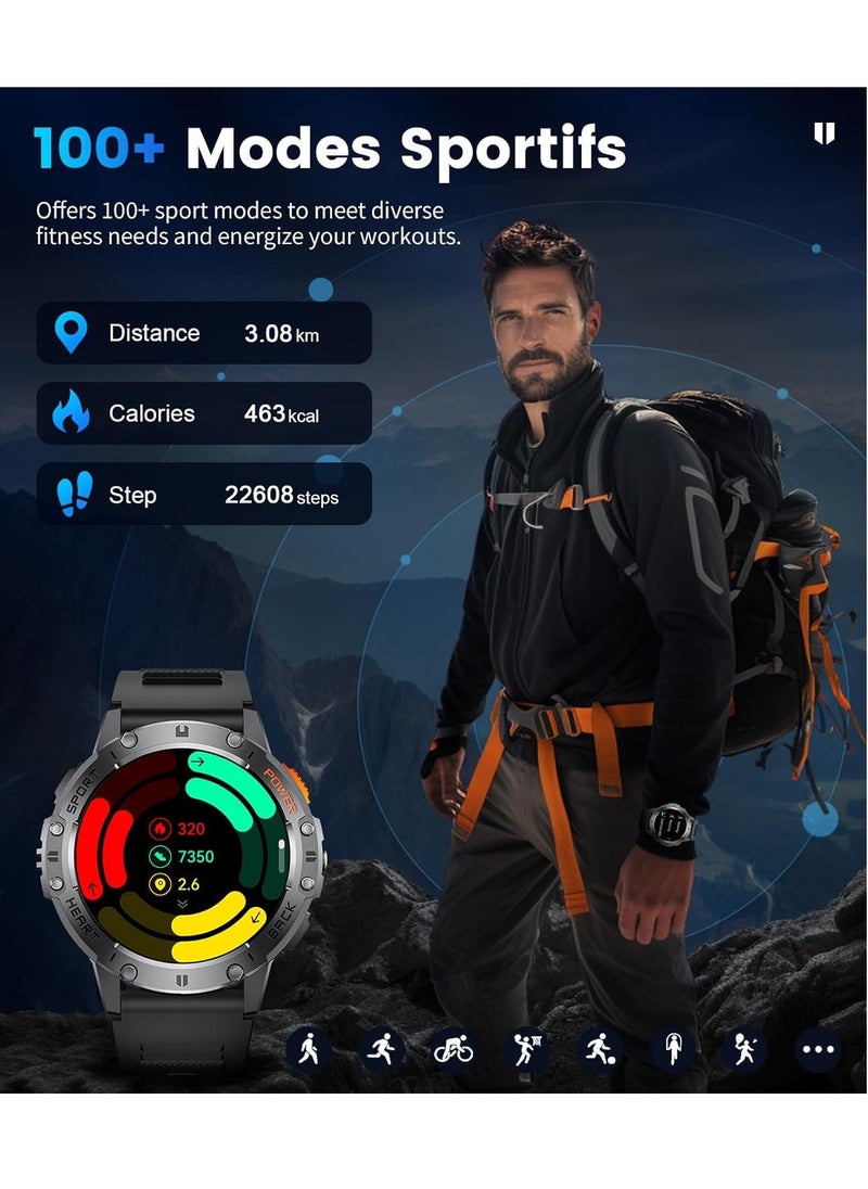 LAESO - Military Smart Watches for Men(Answer/Make Calls) with LED Flashlight,530mAh Large Battery,1.43'' AMOLED Heart Rate/Sleep Monitor 5ATM Waterproof Smartwatch for Android iOS,100+Sport Modes,3 Straps - Image 1