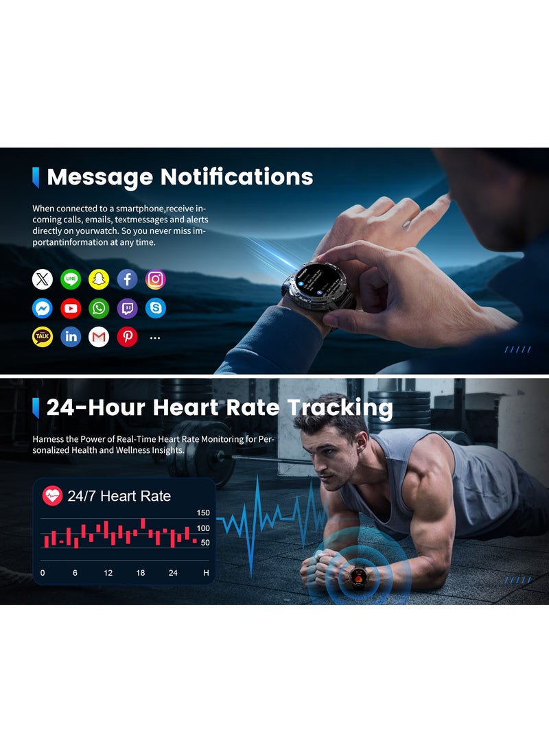 LAESO - Military Smart Watches for Men(Answer/Make Calls) with LED Flashlight,530mAh Large Battery,1.43'' AMOLED Heart Rate/Sleep Monitor 5ATM Waterproof Smartwatch for Android iOS,100+Sport Modes,3 Straps - Image 1