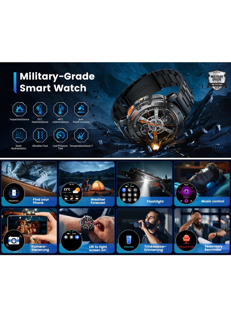 LAESO - Military Smart Watches for Men(Answer/Make Calls) with LED Flashlight,530mAh Large Battery,1.43'' AMOLED Heart Rate/Sleep Monitor 5ATM Waterproof Smartwatch for Android iOS,100+Sport Modes,3 Straps - Image 1