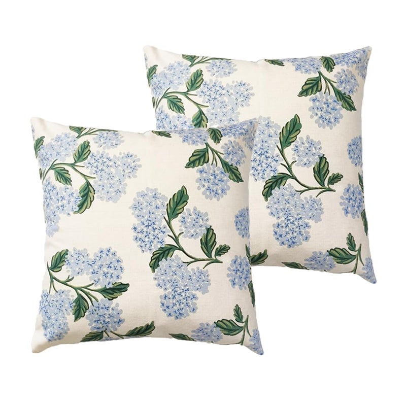 Btyrle Blue Hydrangea Flower Throw Pillow Covers 16x16 Inch Set of 2 Decorative Farmhouse Cotton Linen Floral Pillowcases Square Spring Summer Floral Cushion Covers for Couch Sofa  White - Image 2