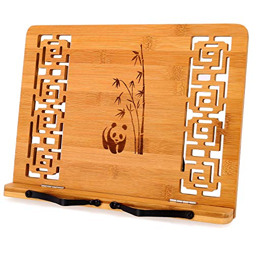 MEGREZ Bamboo Book Stand (13.2 x 9.4 inch) for Reading, Kitchen Cookbook Holder, Adjustable for Tablet/Textbook, Hollow Bookrest, Panda - Image 1