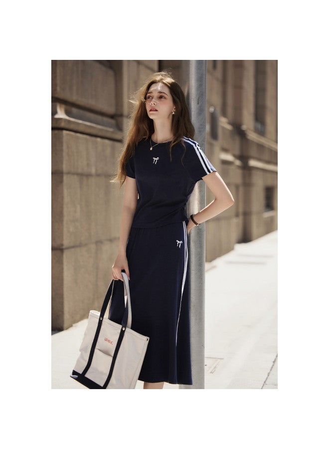 TonLion 25 Years Summer Women's Round Neck Long Dress With Small Bow Front And Side Ribbon Korean Style Short Sleeve T-shirt Dress Set - Image 3