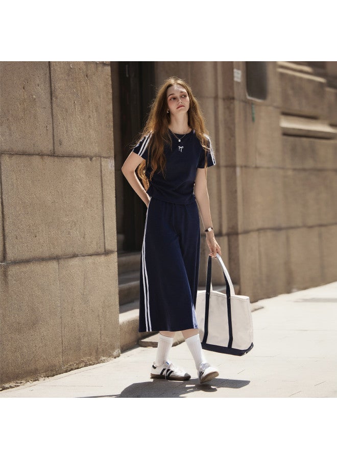 TonLion 25 Years Summer Women's Round Neck Long Dress With Small Bow Front And Side Ribbon Korean Style Short Sleeve T-shirt Dress Set - Image 5