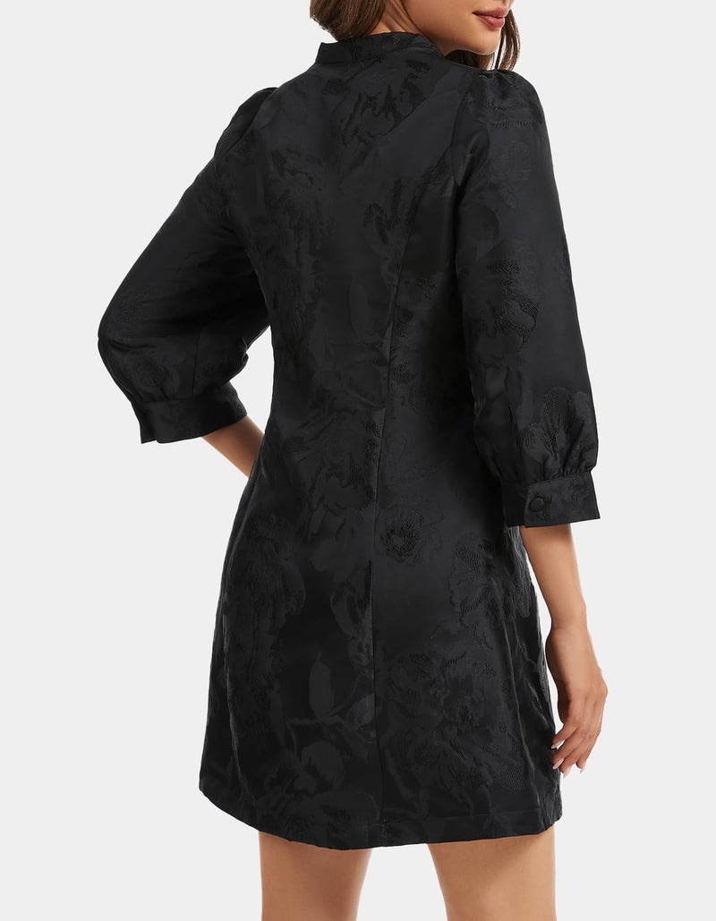 Ladyful Women's Floral Jacquard Shift Dress 2026 Long Puff Sleeve Button Up Elegant Cocktail Party Mini Dress - Image 4