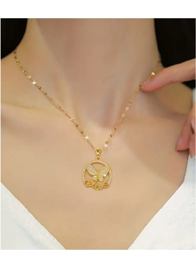 الفولاذ المقاوم للصدأ فراشة الحب رسالة قلادة قلادة مع زركونيا مكعبة ، هدية مجوهرات سلسلة ترقوة عصرية للنساء والفتيات - Image 1